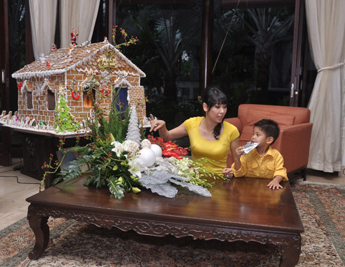 Phòng khách được trải thảm êm ái là nơi hai mẹ con hoa hậu thường chơi đùa với nhau. Bé Vương Khôi, con trai thứ hai của Hà Kiều Anh do còn bé nên hoa hậu chưa muốn giới thiệu hình ảnh con với mọi người.